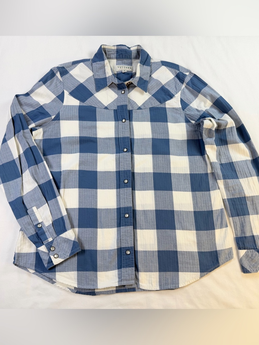 Tecovas Blue & White Buffalo Plaid Pearl Snap Button Up Shirt Medium - Picture 2 of 8
